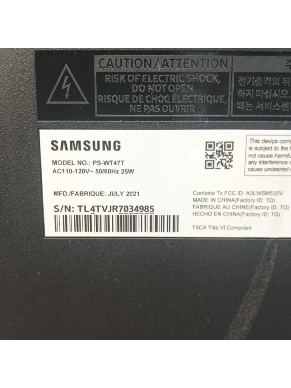Samsung PS-WT47T Wireless Subwoofer Black Home Theater Sound Bar Bass Powerful